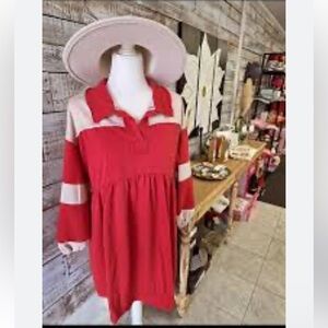 NWOT Ces Femme Rugby Terry Tunic Shirt Dress in Red